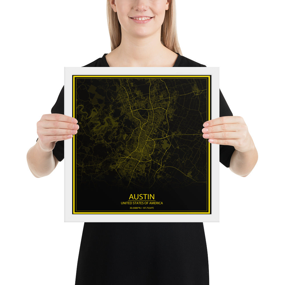 Austin Black and Yellow Framed Map