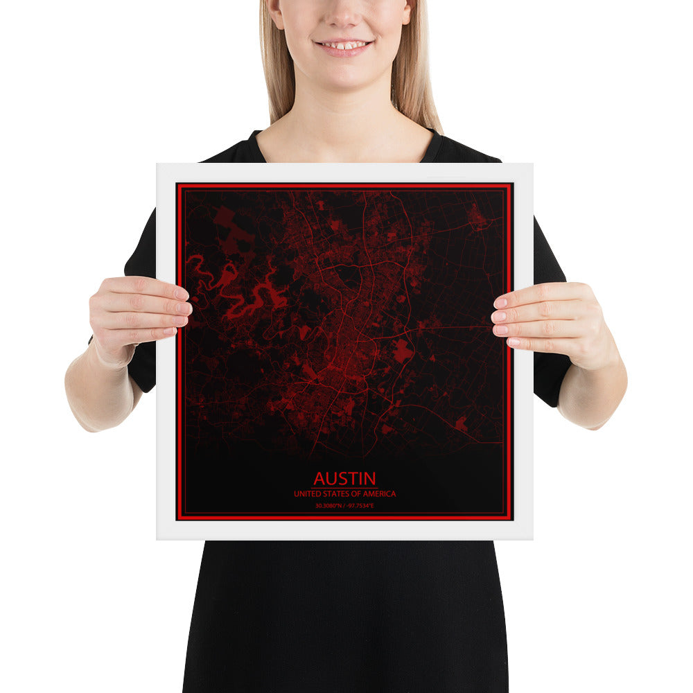 Austin Black and Red Framed Map