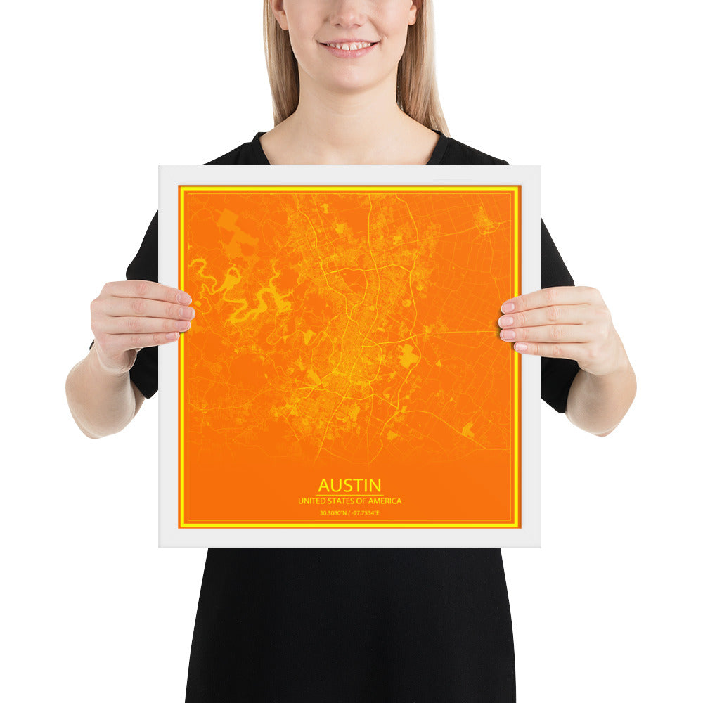 Austin Orange and Yellow Framed Map