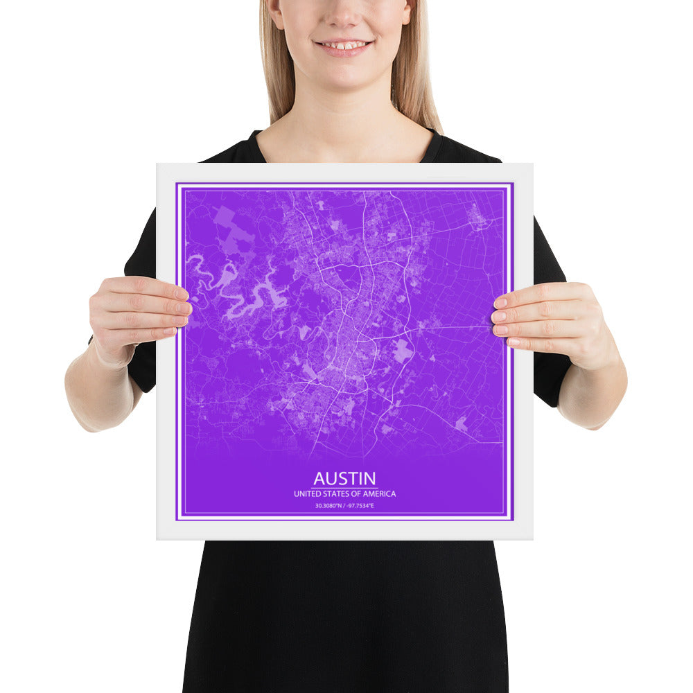 Austin Purple and White Framed Map