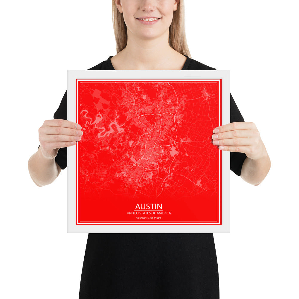 Austin Red and White Framed Map