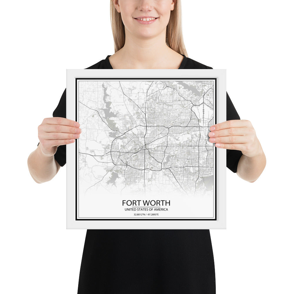 Fort Worth White Framed Map