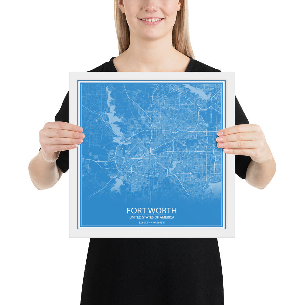 Fort Worth Blue and White Framed Map