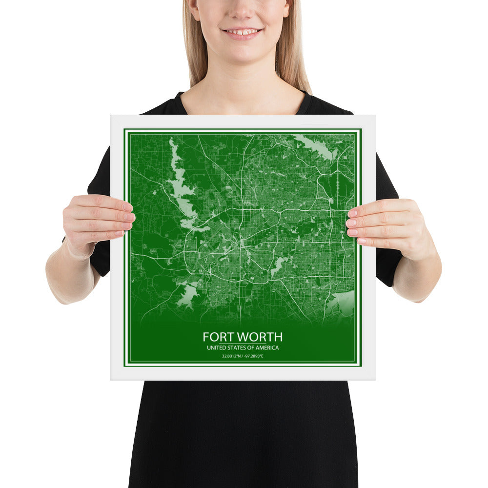 Fort Worth Green and White Framed Map