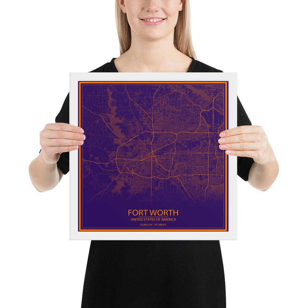 Fort Worth Purple and Orange Framed Map