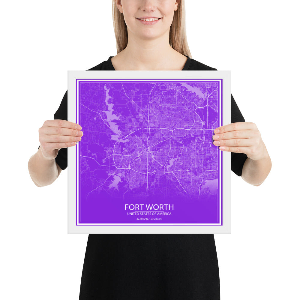 Fort Worth Purple and White Framed Map