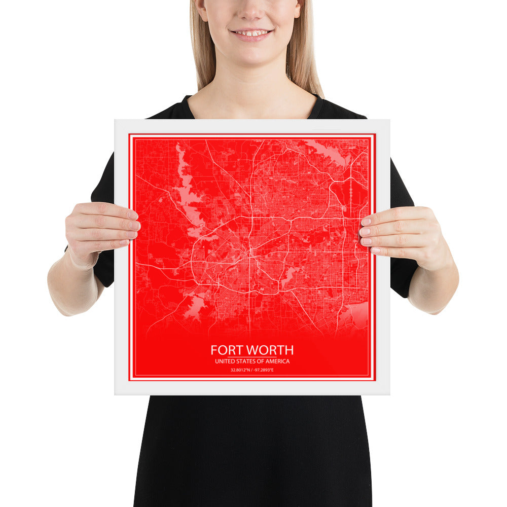 Fort Worth Red and White Framed Map