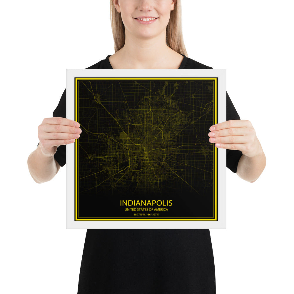 Indianapolis Black and Yellow Framed Map