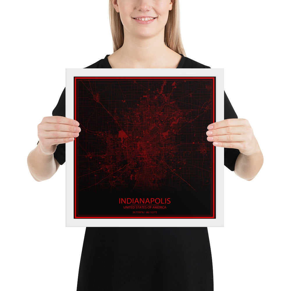 Indianapolis Black and Red Framed Map