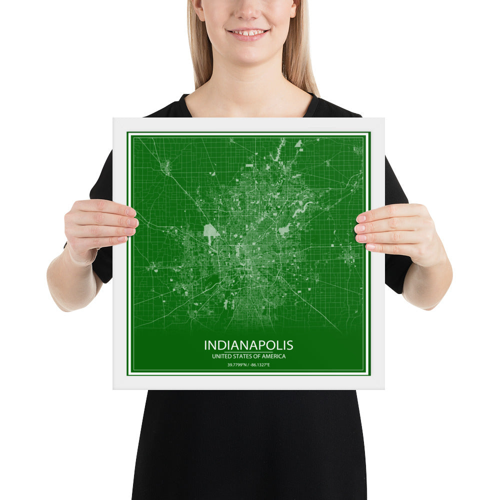 Indianapolis Green and White Framed Map