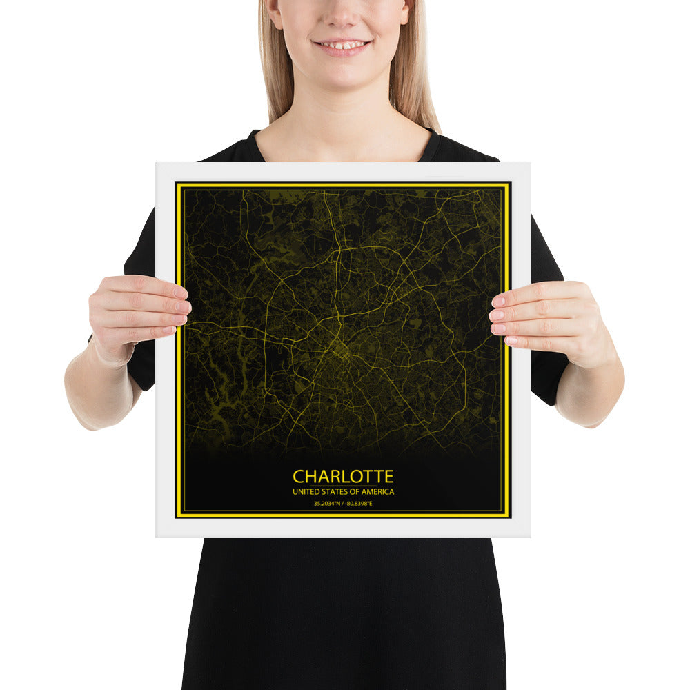 Charlotte Black and Yellow Framed Map