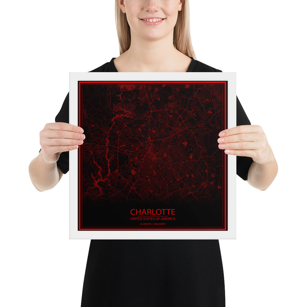 Charlotte Black and Red Framed Map