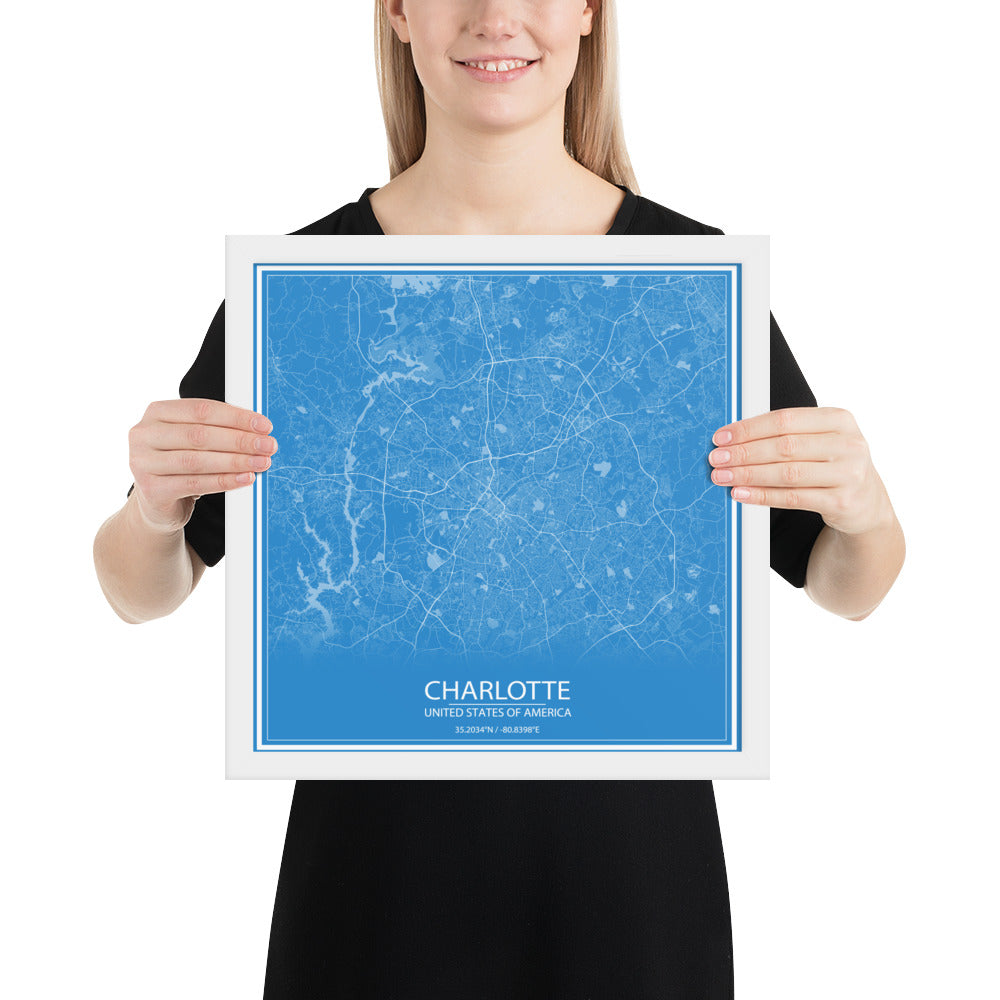 Charlotte Blue and White Framed Map