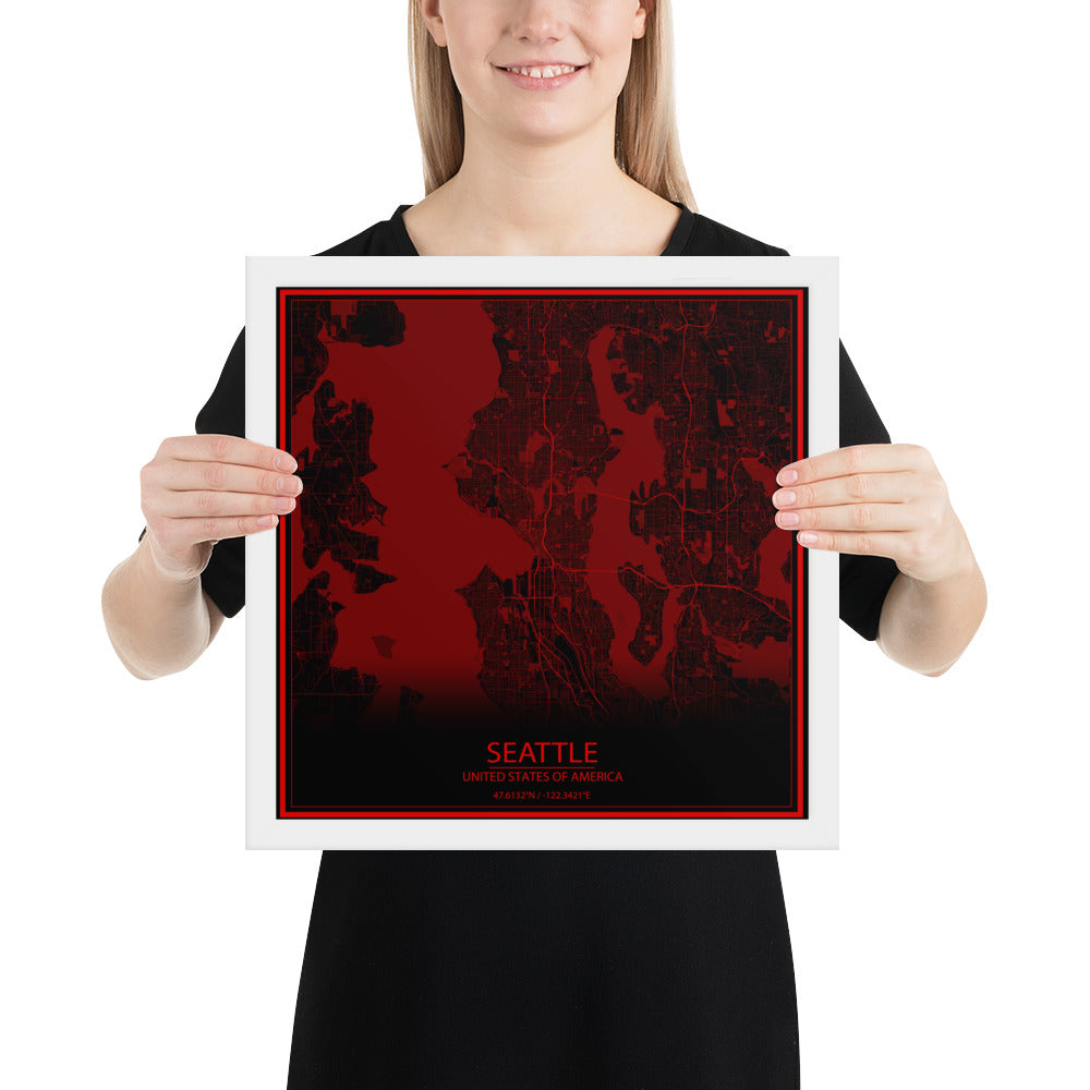 Seattle Black and Red Framed Map