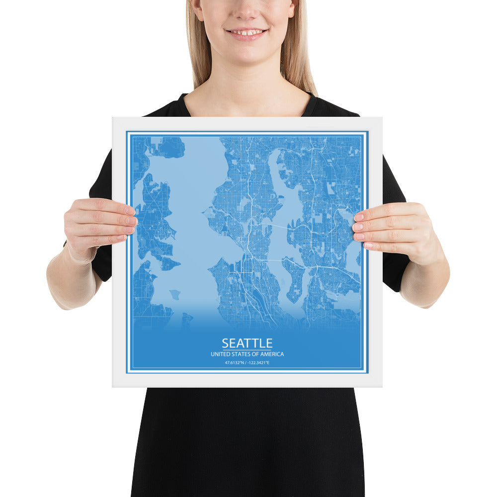 Seattle Blue and White Framed Map