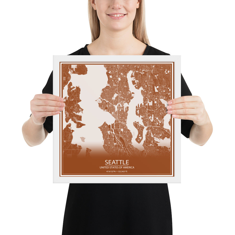 Seattle Brown and White Framed Map