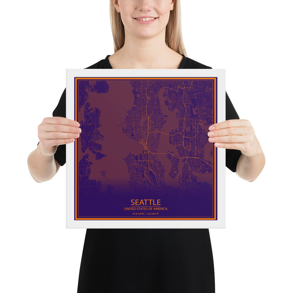 Seattle Purple and Orange Framed Map