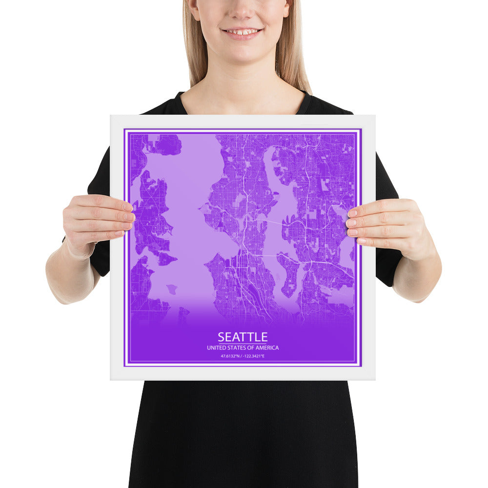 Seattle Purple and White Framed Map