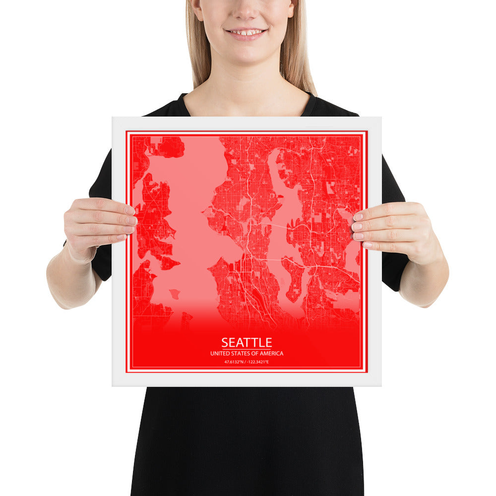 Seattle Red and White Framed Map