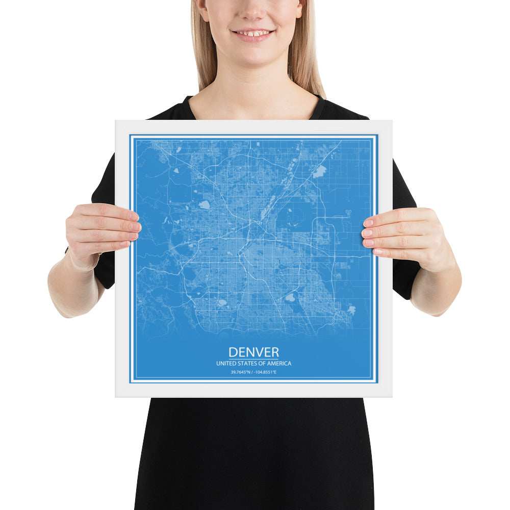 Denver Blue and White Framed Map