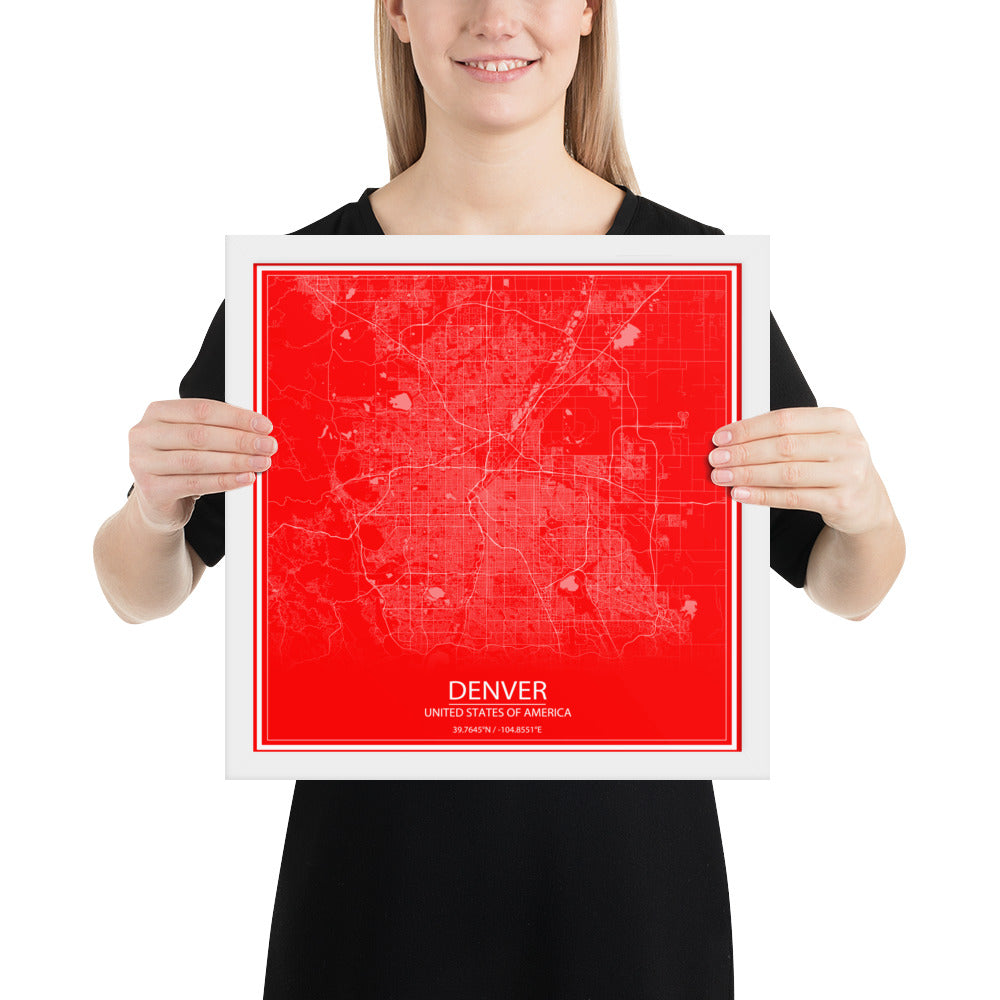 Denver Red and White Framed Map