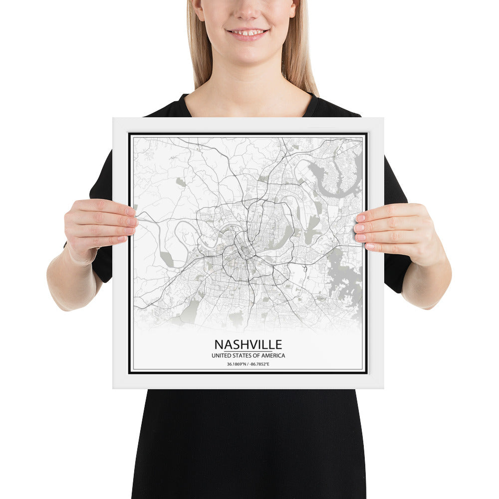 Nashville White Framed Map