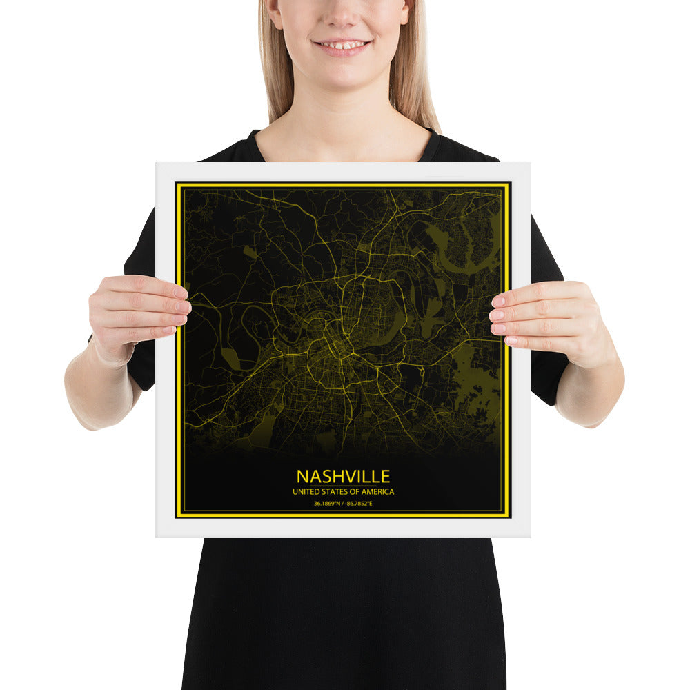 Nashville Black and Yellow Framed Map