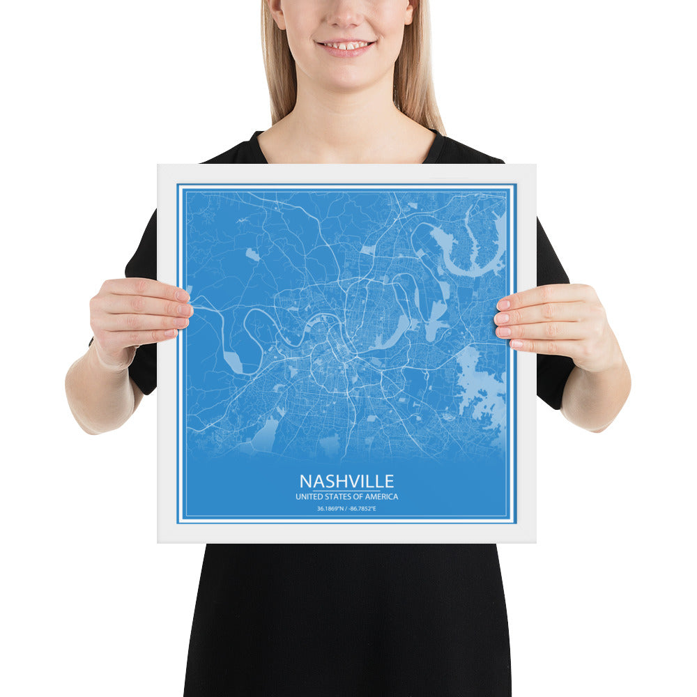 Nashville Blue and White Framed Map