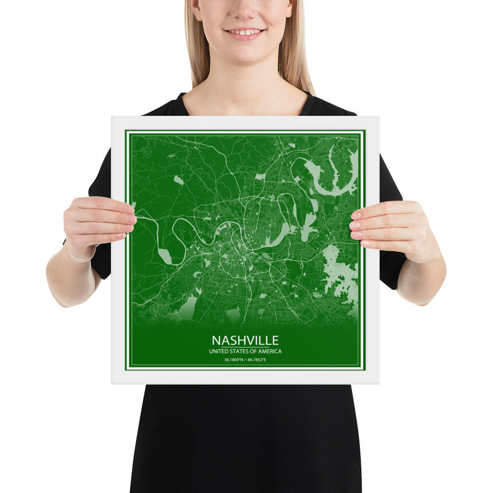 Nashville Green and White Framed Map