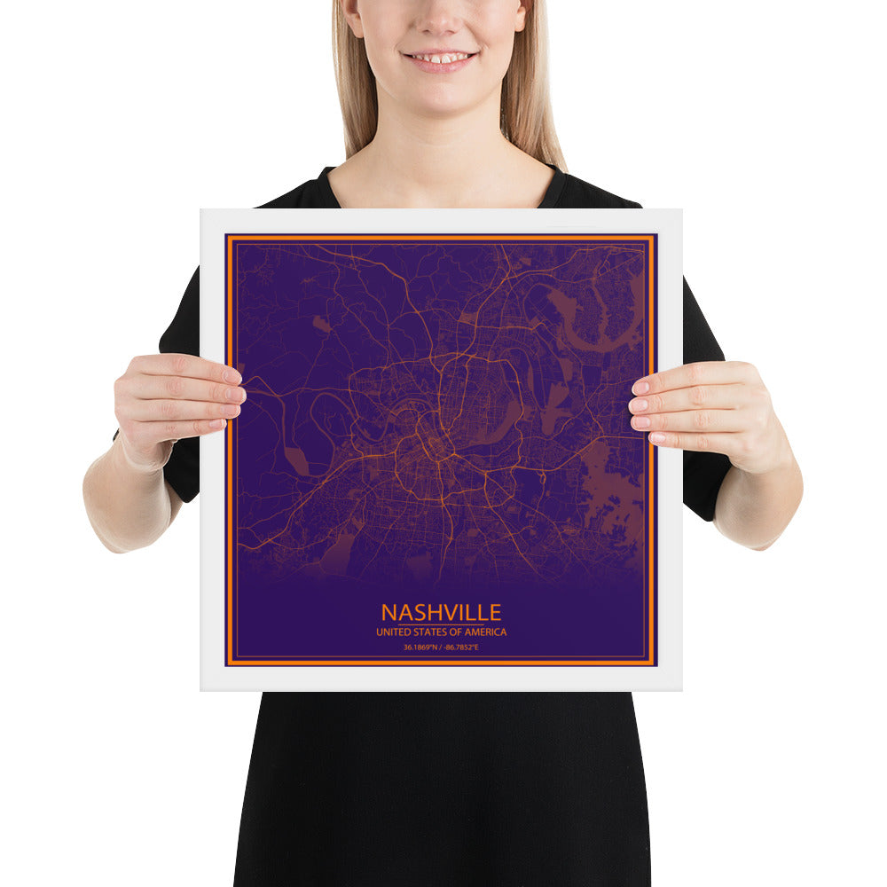 Nashville Purple and Orange Framed Map