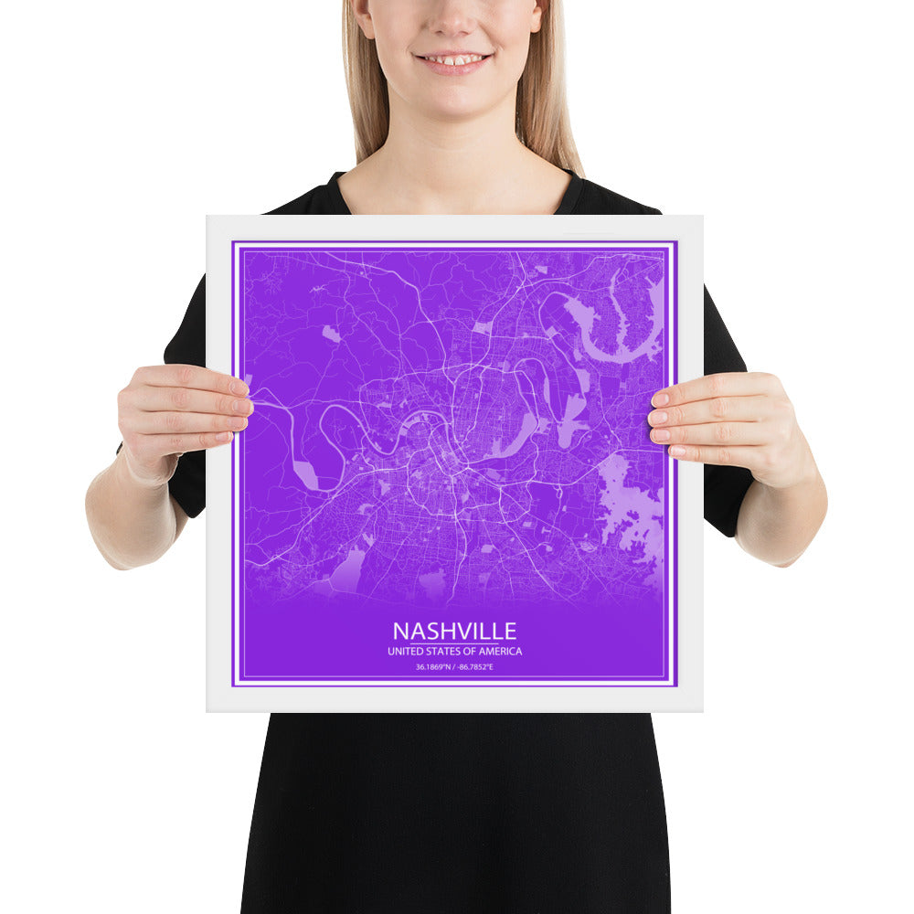 Nashville Purple and White Framed Map