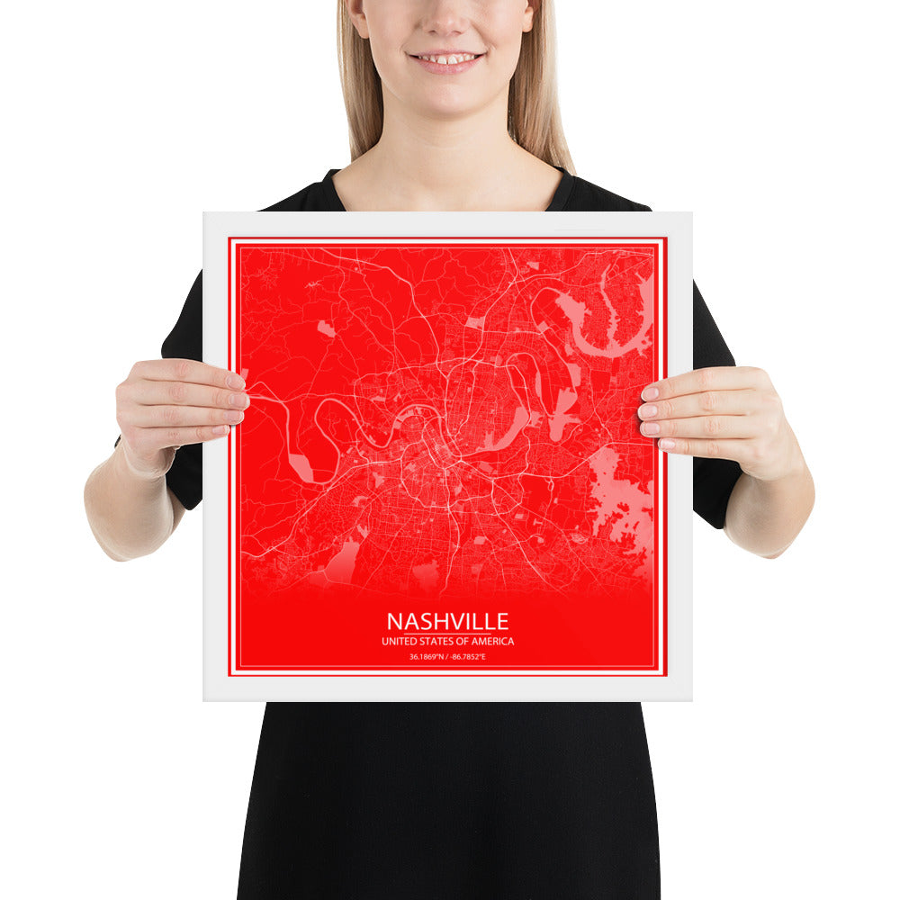 Nashville Red and White Framed Map