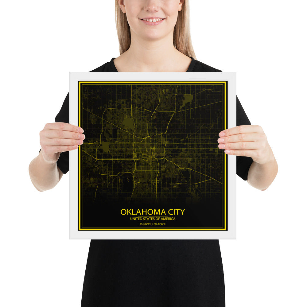 Oklahoma City Black and Yellow Framed Map