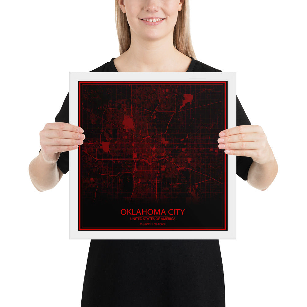 Oklahoma City Black and Red Framed Map