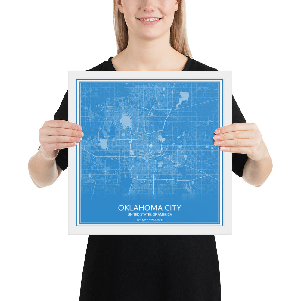 Oklahoma City Blue and White Framed Map