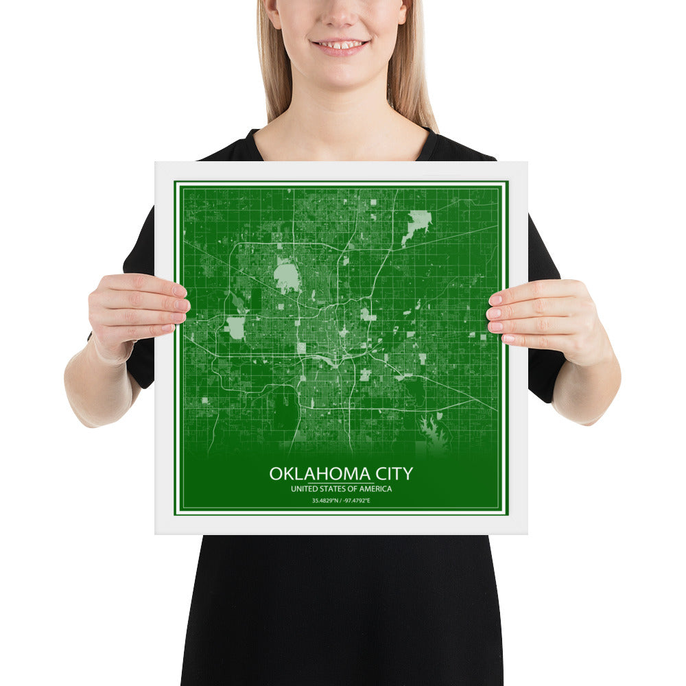 Oklahoma City Green and White Framed Map