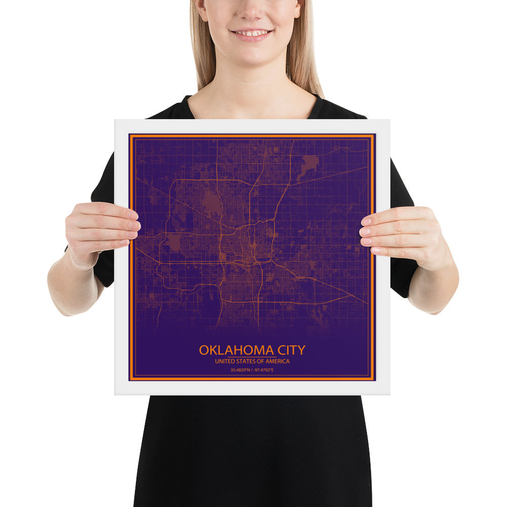 Oklahoma City Purple and Orange Framed Map