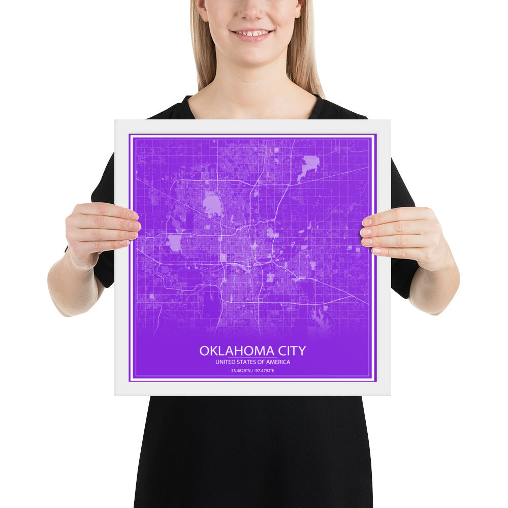 Oklahoma City Purple and White Framed Map