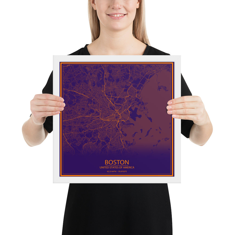 Boston Purple and Orange Framed Map