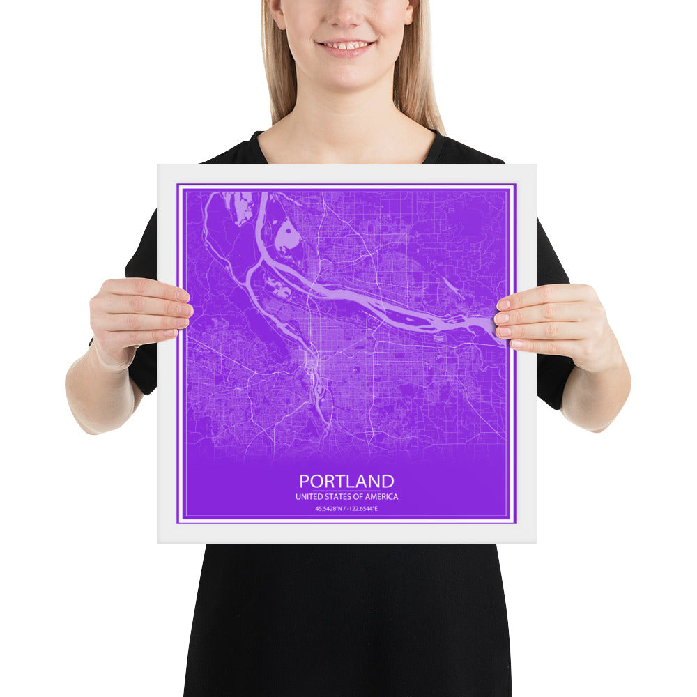 Portland Purple and White Framed Map