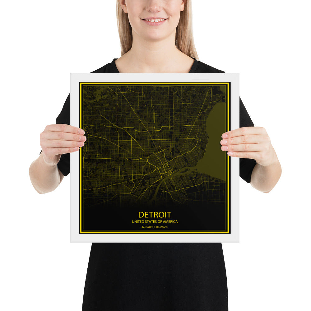 Detroit Black and Yellow Framed Map