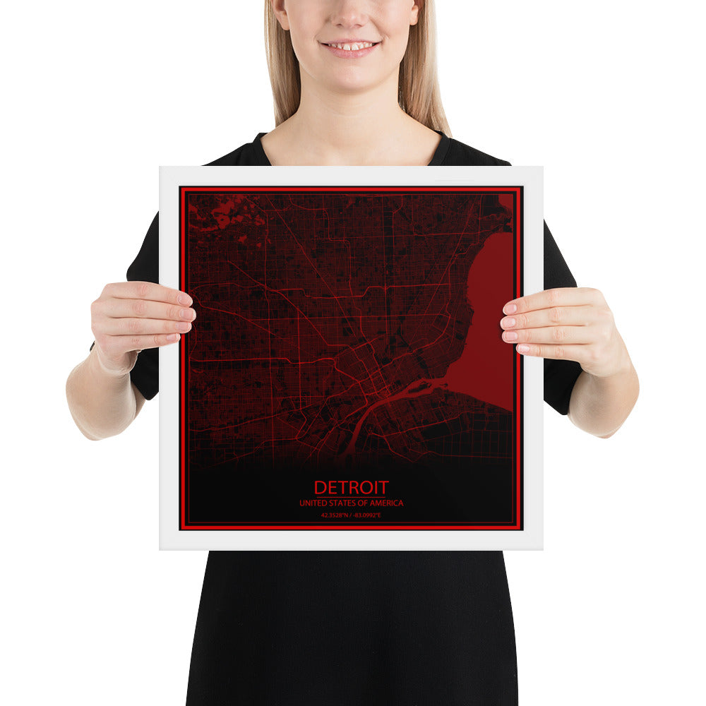 Detroit Black and Red Framed Map