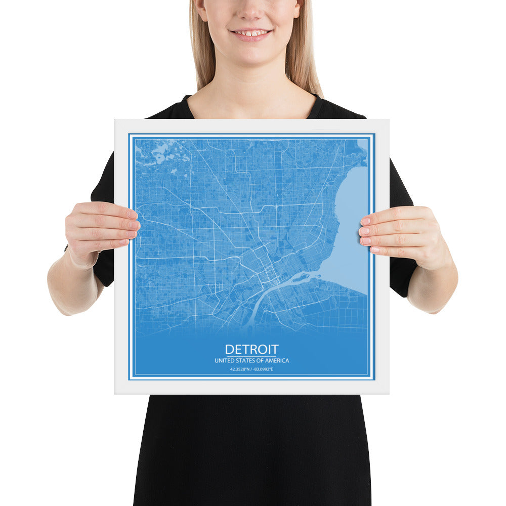 Detroit Blue and White Framed Map