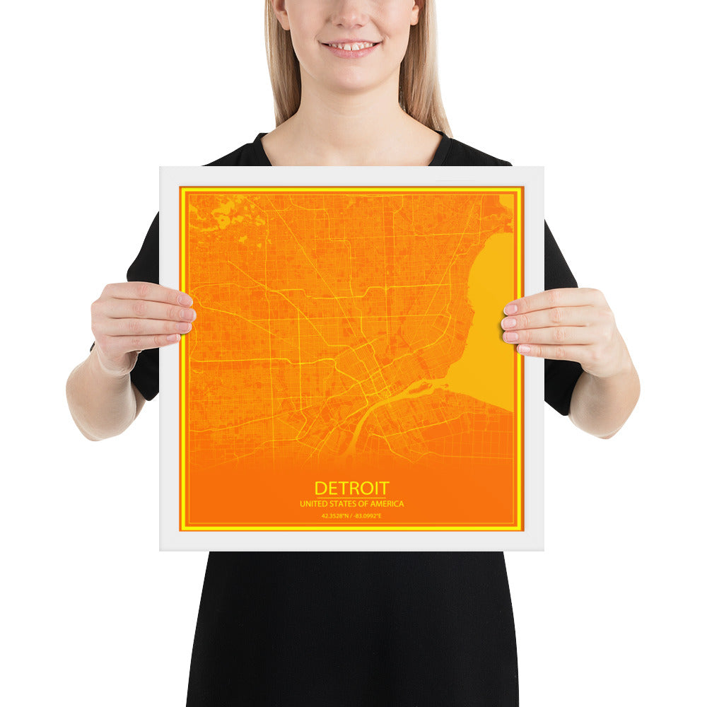 Detroit Orange and Yellow Framed Map