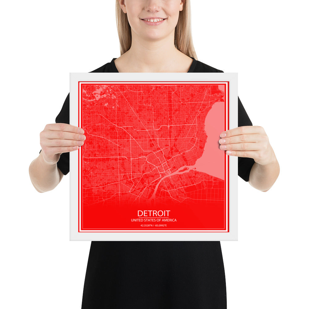 Detroit Red and White Framed Map