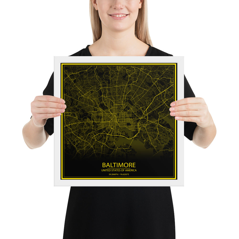 Baltimore Black and Yellow Framed Map