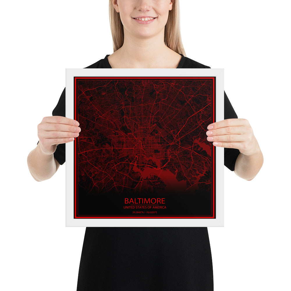 Baltimore Black and Red Framed Map