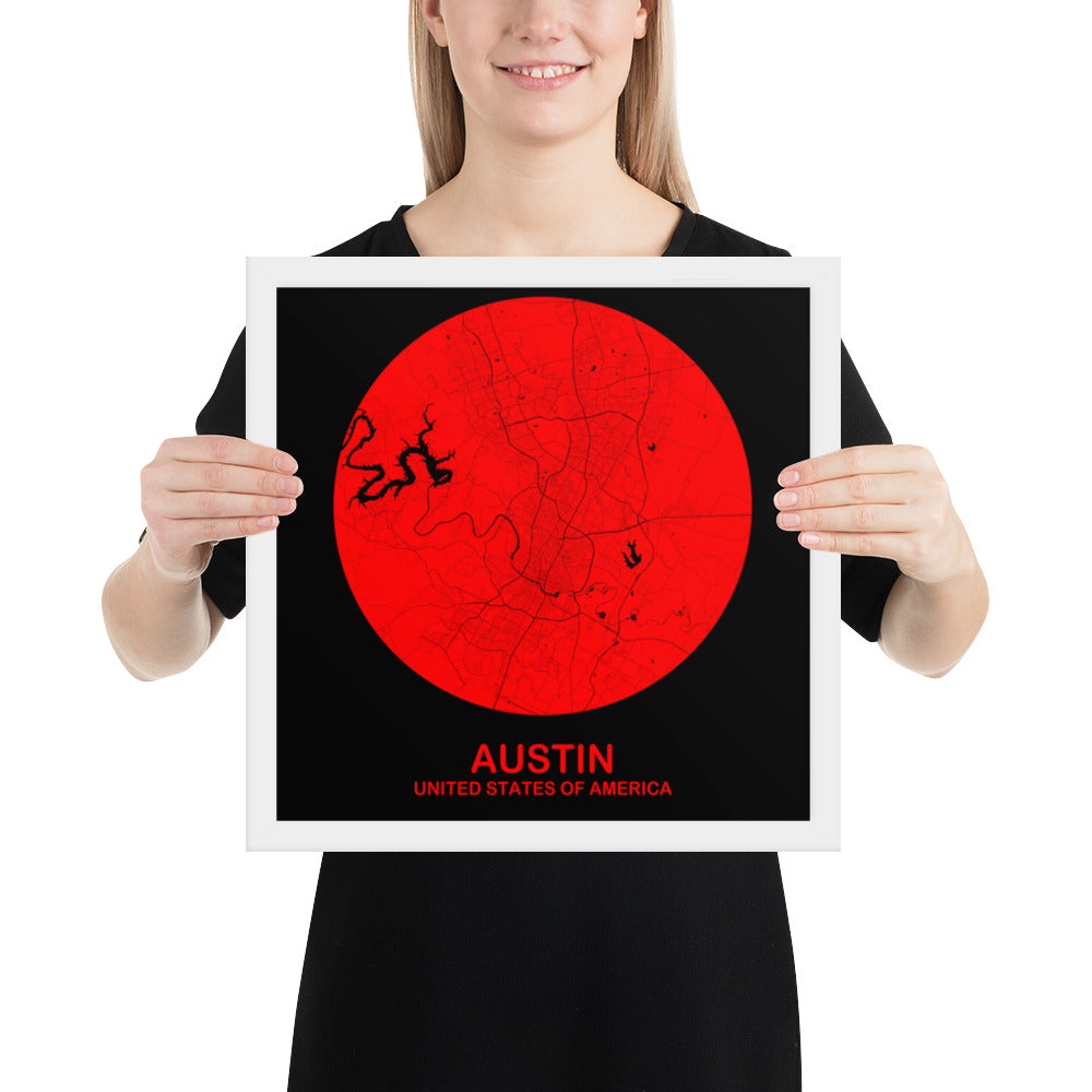 Austin Circular Red Framed Map