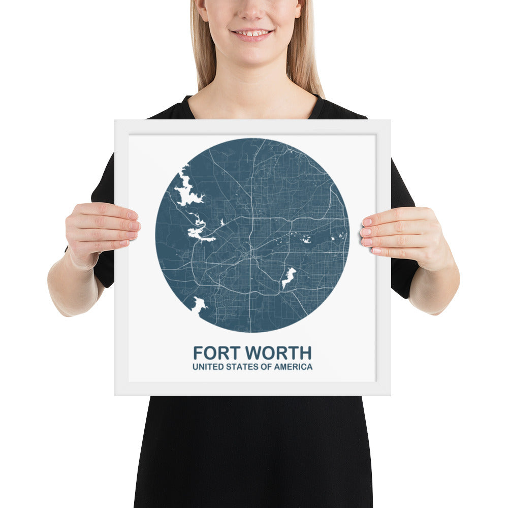 Fort Worth Circular Blue Framed Map