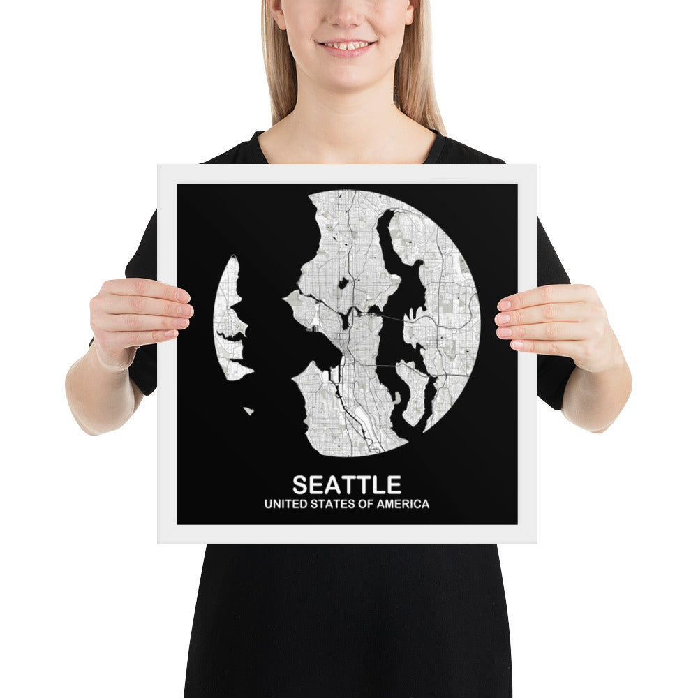 Seattle Circular White Framed Map